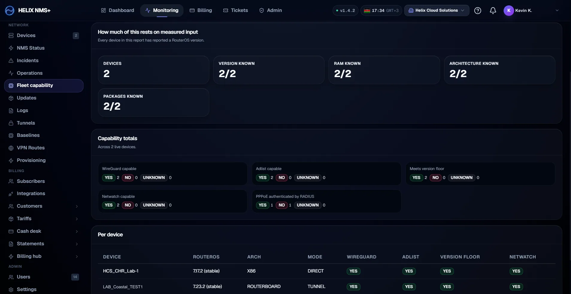 Helix NMS+ fleet capability report comparing RouterOS versions, architecture, WireGuard support and connection mode per device