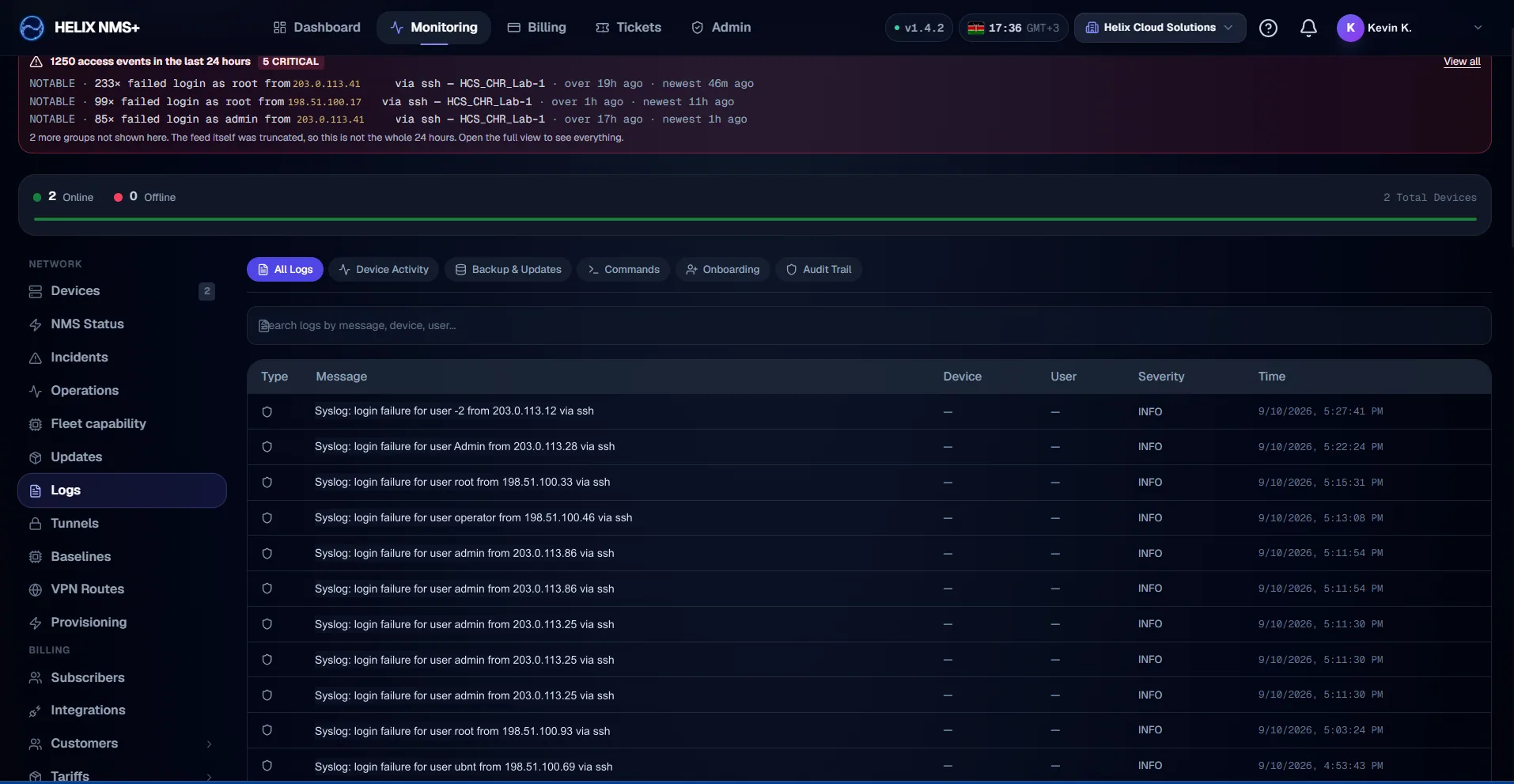 Helix NMS+ log console listing detected failed SSH login attempts against MikroTik routers, grouped by account and source address