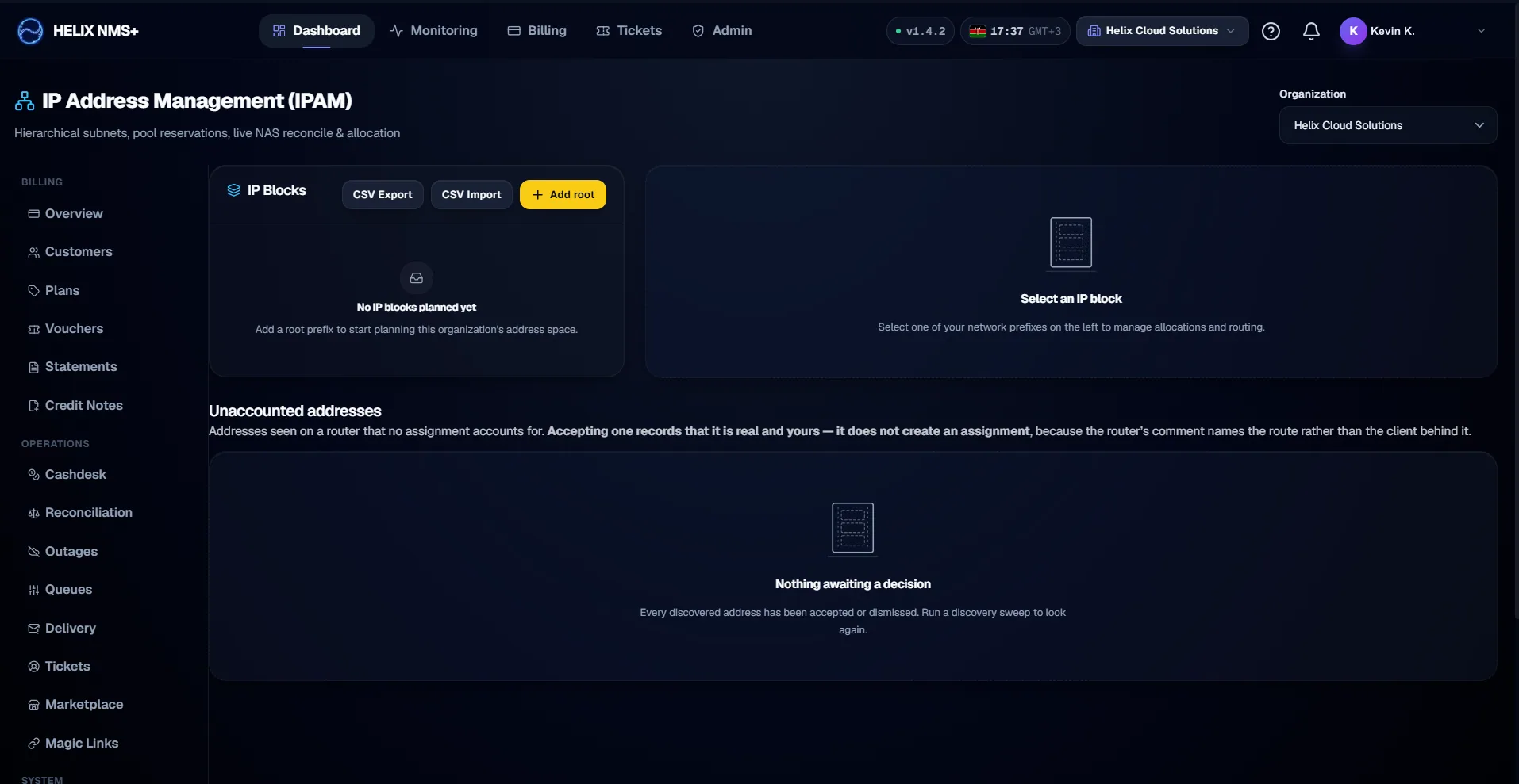 Helix NMS+ IP address management view for hierarchical subnets, pool reservations and reconciliation of addresses discovered on routers